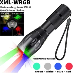 Upgraded Zoomable Red Flashlight, 4 Color in 1 Flash Light, Green Red Blue White Multi-Color RGBW Led with Memory for Fishing