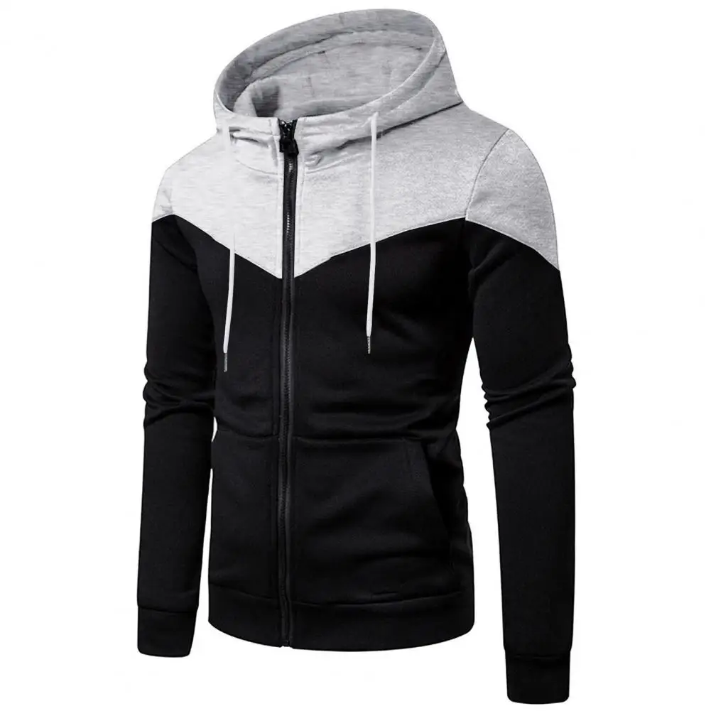 Men Sweatshirt Coat Autumn Winter Contrast Color Sweatshirt Coat Hooded Drawstring Pockets Zipper Placket Hoodie Jacket