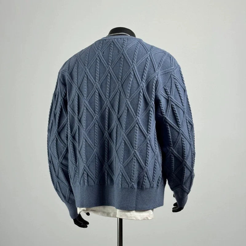 Autumn Winter New Style Argyle Jacquard Sweater Men Casual Crew Neck Versatile Cardigan Outerwear Base Layer Knit Top view 3