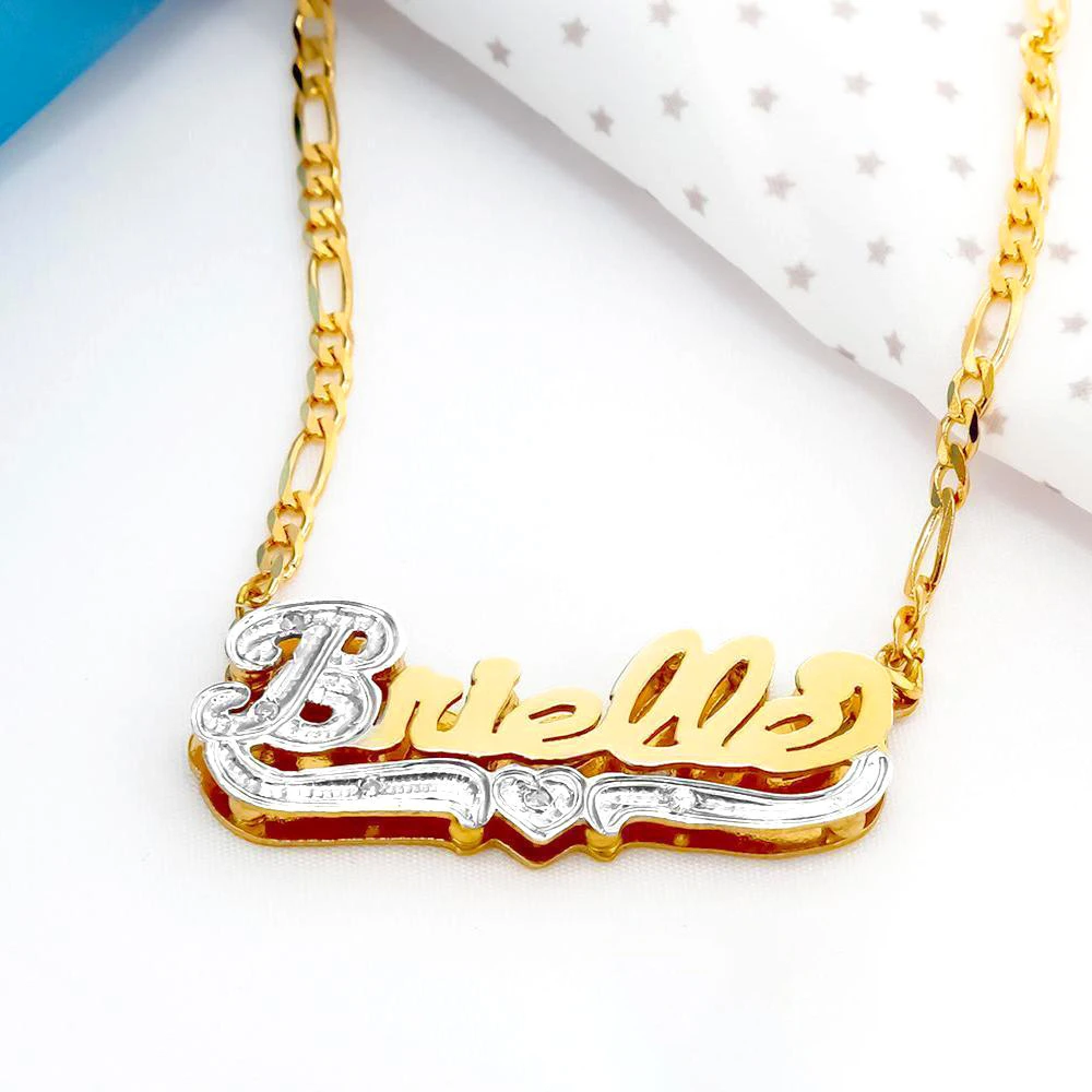 

Custom 3D Name Necklace Personalized Two Color Nameplate Pendant Necklace Figaro Chain Heart Choker Jewelry for Women Men