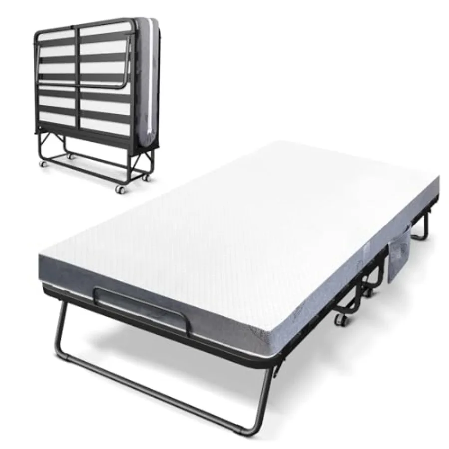 Folding Bed for Adult Use, Twin Size, Black, Portable with Luxurious Memory Foam Mattress Super Strong Steel Frame
