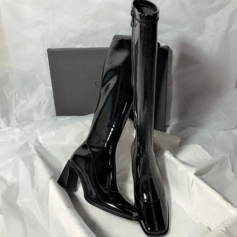 2023 7CM Women Long Boots High Quality Leather Patent Leather Ladies Zip Knight Boots Fashion High Heel Knee-high Lady Boots