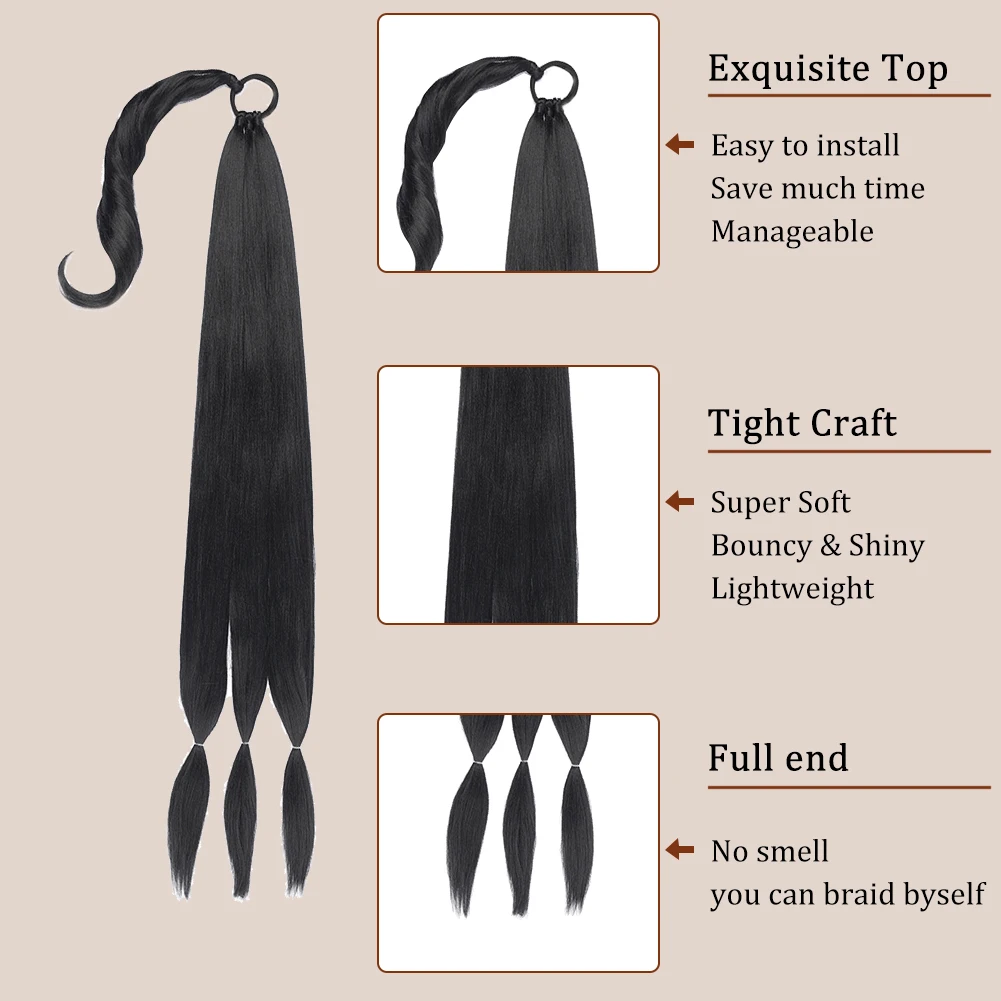 Long DIY Braided Synthetic Ponytail Extension with Hair Tie Straight Wrap Around Hair Extensions Ponytail Natural Soft Hair