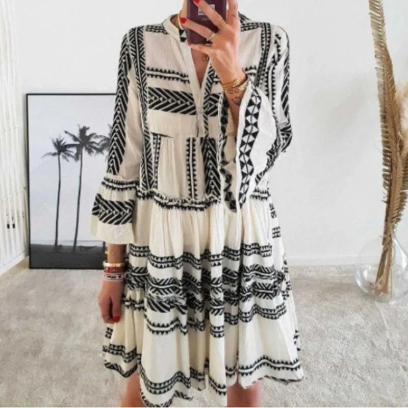 Holiday Boho Women's Summer Mini Dress Sexy Beach Sundress Spring Autumn Three-Quarters Sleeved Casual Printed Short Dresses