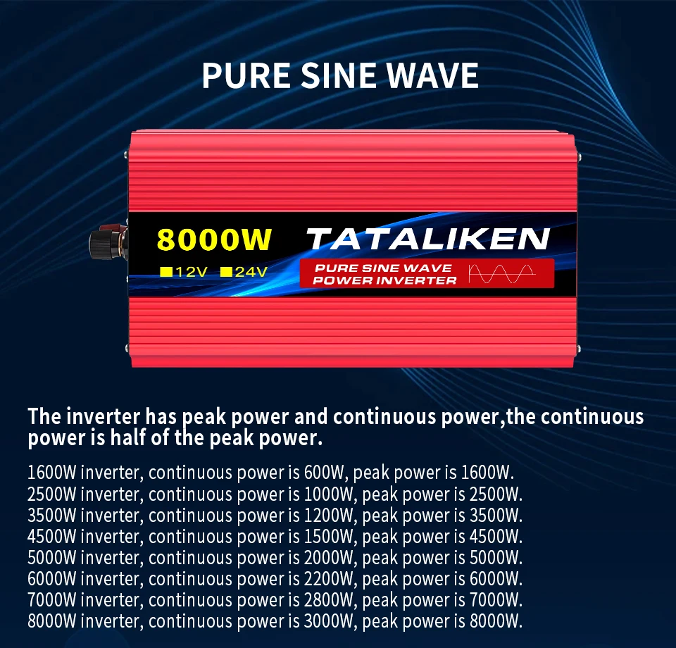 8000W Pure Sine Wave Power Inverters DC 12V/24V to AC 110V/220V 60HZ with 4 AC Outlets for Home RV Solar System Car