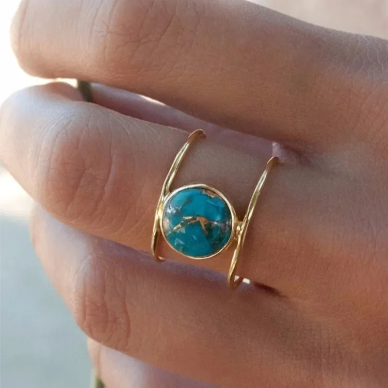 Huitan Double Layer Bohemia Rings for Women Inlaid Round Imitation Turquoise Stone Vintage Party Female Boho Jewelry Drop Ship