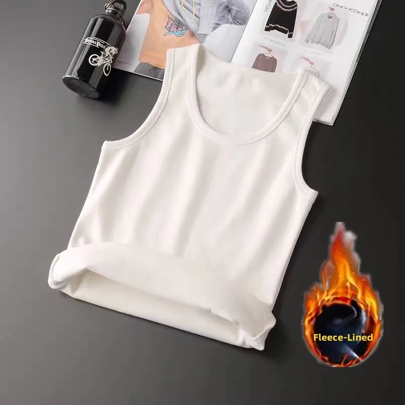 Men's Winter Warm Fleece Lined Thickened Heating Sleeveless Vest Seamless Shoulder Pad Base Shirt Tight Fit Home Wear Underwear