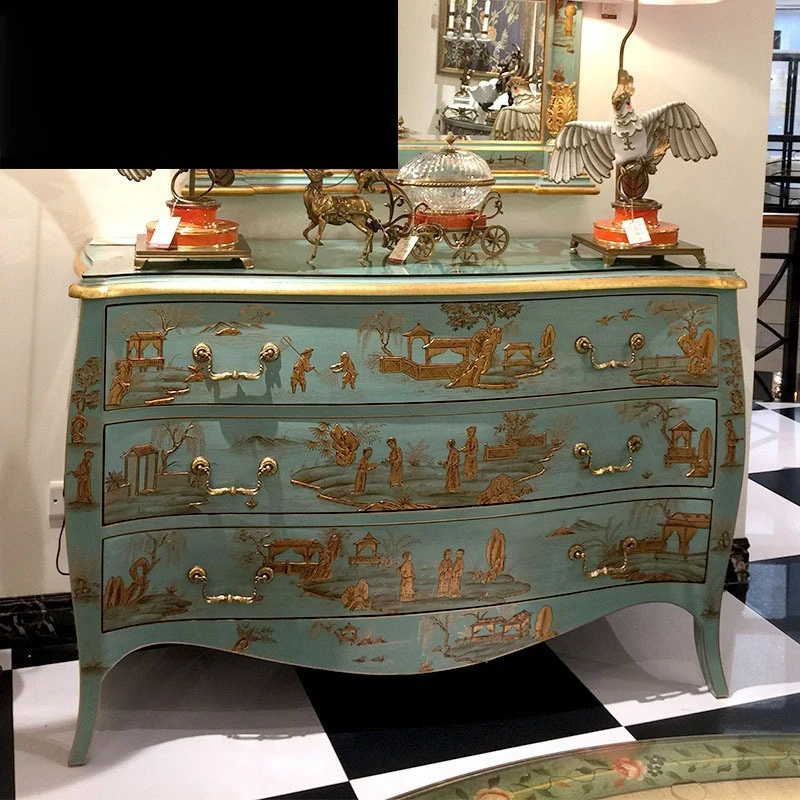 

European French solid wood hand-painted art green entrance counter mirror stack retro old furniture