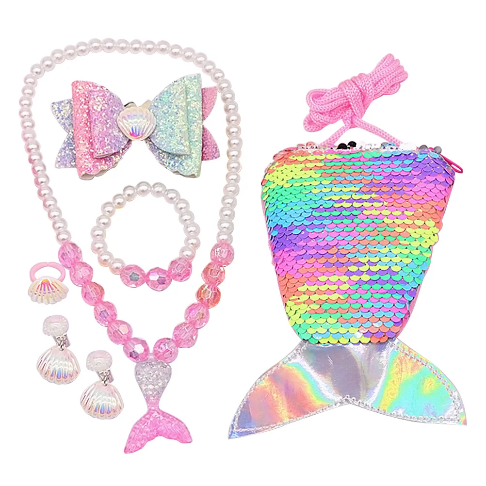 7 em acessórios para o cabelo da menina crianças anel de sereia festa traje saco de lantejoulas meninas colar kit de jóias crianças bebê
