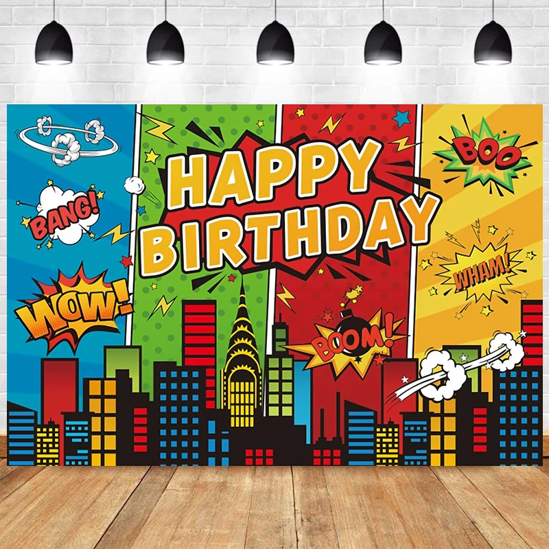 

Superhero Super City Photography Backdrops Cartoon Children Birthday Party Decorations Landscape Architecture Skyline Background