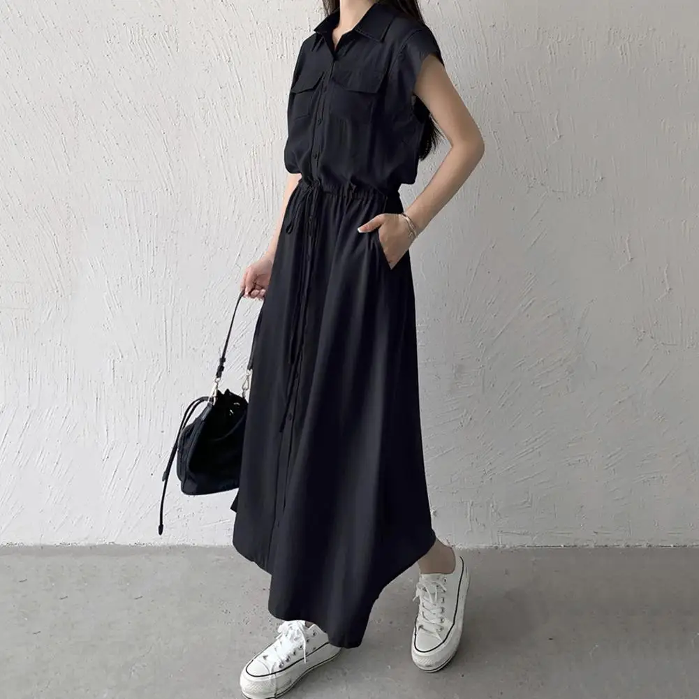 Single-breasted Midi Dress Elegant Women's Spring Shirt Dress with Drawstring Waist Pleated Side Pockets Chic Office for Modern