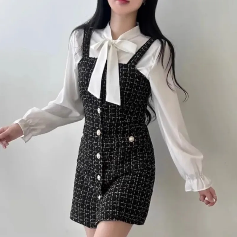 Matakawa Tweed Dress Sets Autumn Winter Plaid Korean Fashion Elegant 2 Piece Set Wome Outfits Chic Sweet Conjunto Femenino