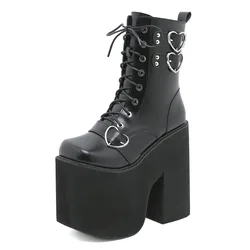 Goth Rivet emo Shoes Platform Heeled Boots Women Big Size Chain Metal Decoration Chunky Heels Combat Boots Mid Calf