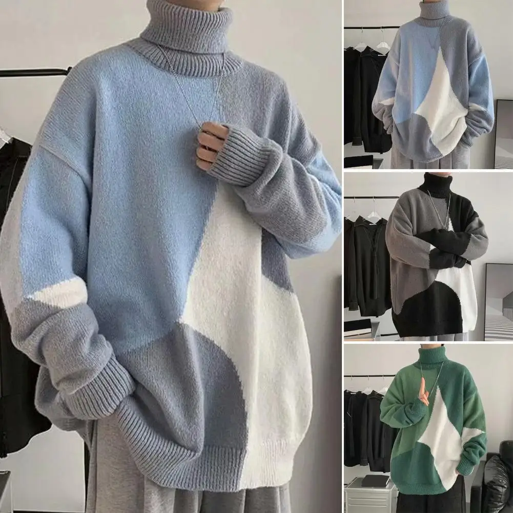 

Base Layer Sweater Men's High Collar Colorblock Knitted Turtleneck Sweater Soft Warm Thickened Pullover for Autumn Winter Mid