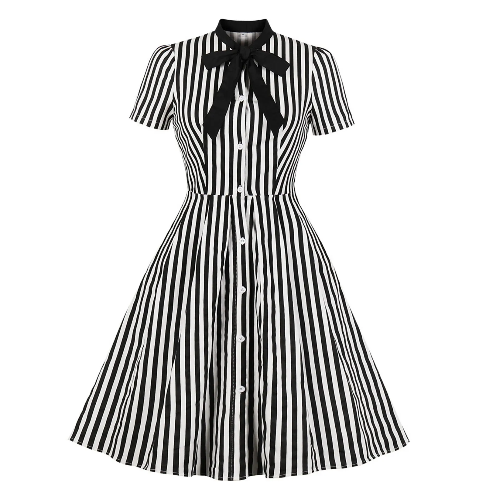 

Ladies' Elegant Hepburn Style Short Sleeved Retro Striped Dress Vintage Daily Versatile Large Swing Skirt Holiday Dress Up