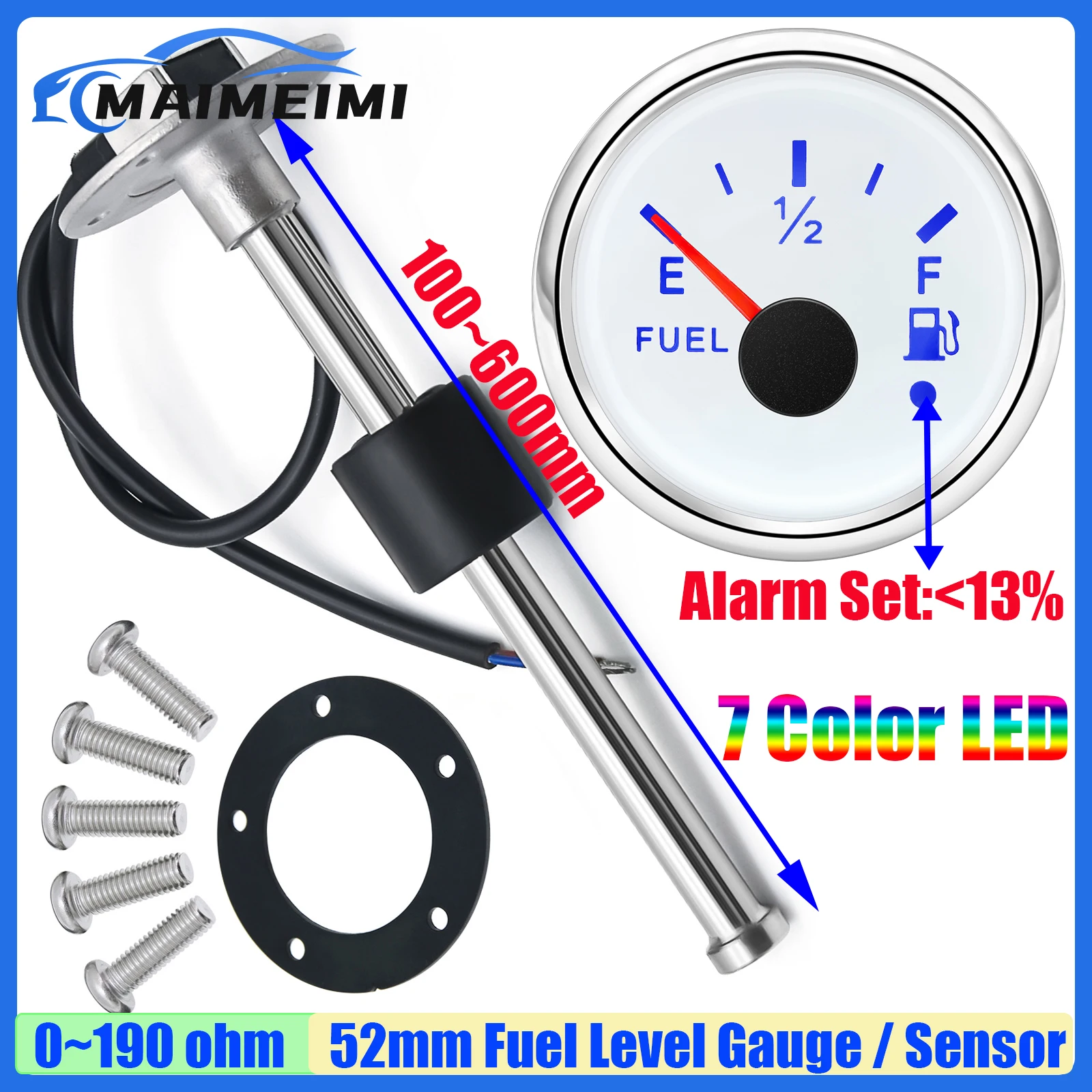 100~600mm Stainless Steel Fuel Level Sensor 52mm Fuel Level Gauge 0-190ohm Boat Oil Tank Meter with Flash Alarm 12V24V Custom