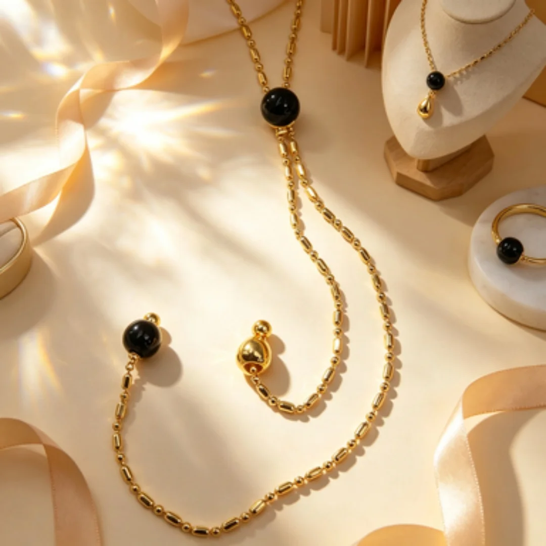 

Spain 2026 New Versatile Casual Style Black Round Bead Gold Silver Long Necklace Charm Accessories Party Gift