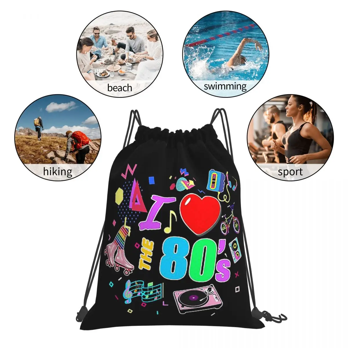 I Love The 80's Retro Heart Backpacks Multi-function Portable Drawstring Bags Shoes Bag Book Bags For Man Woman School