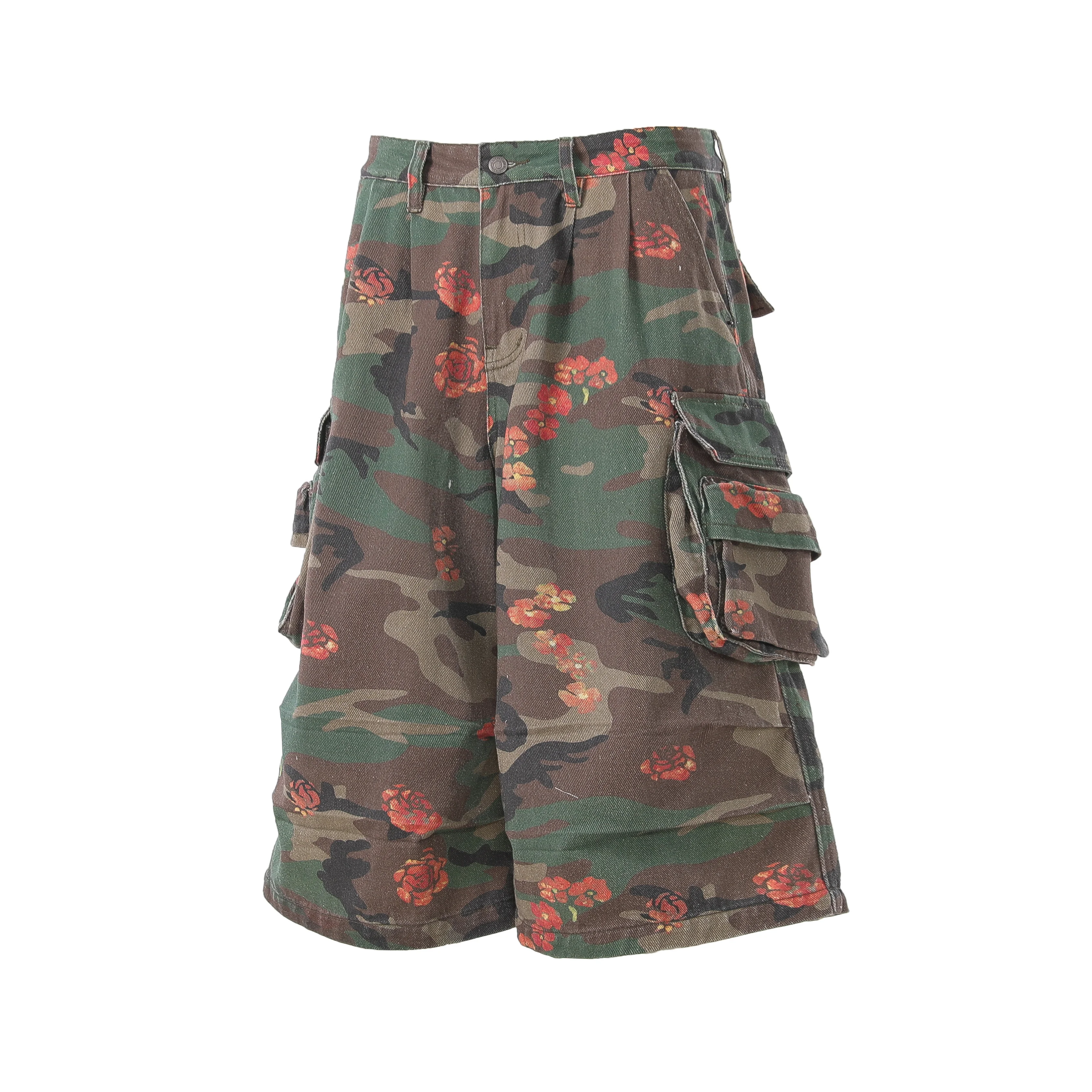 Men's Camo Floral Cargo Shorts Multi Pocket Baggy Casual Camouflage Shorts Fashion Streetwear Wide Leg Knee Length Pants