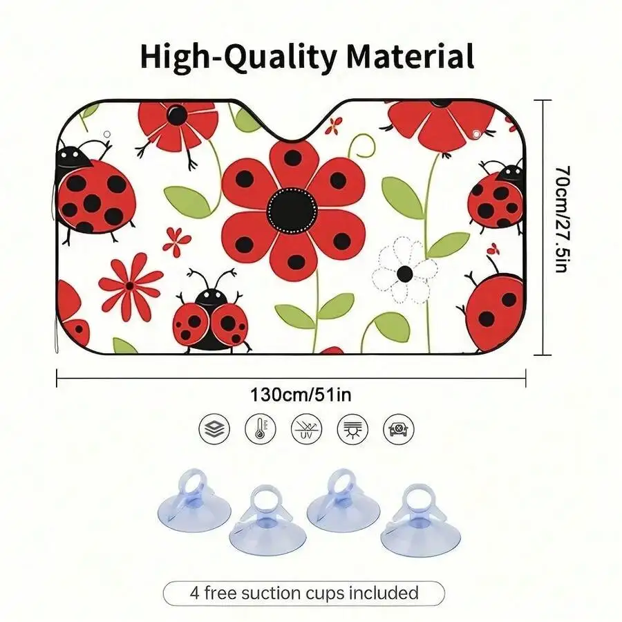 1-Piece Red Ladybug Pattern Car Sunshade, Stylish Printed Design, Keeps The Car Interior Cool, Comes With 4 Suction Cups,