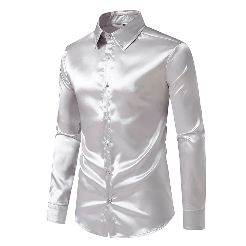 Herren Satin Luxus Hemden Mode Seide Glatt Männlich Smoking Hemd Solide Hochzeit Party Prom Casual Hemd Business Büro – Detail 11