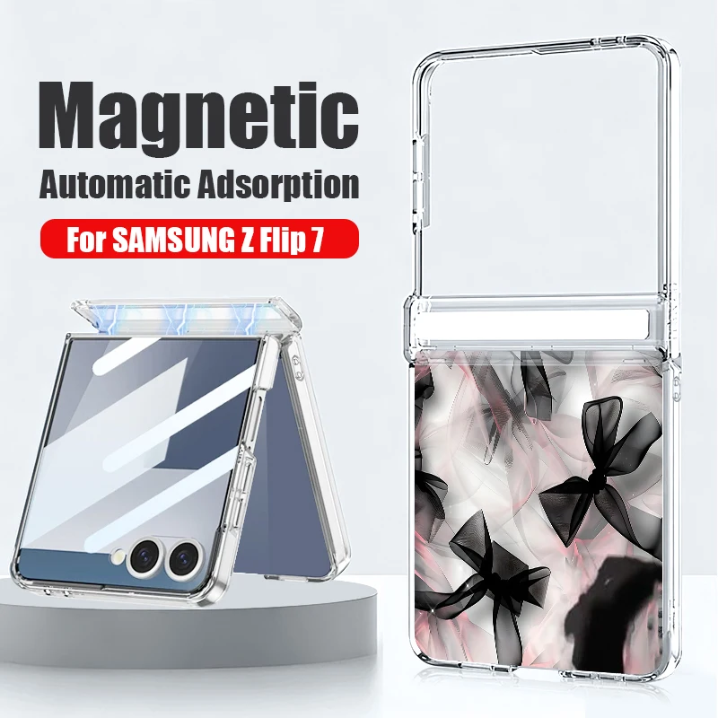 Magnetic Hinge Protector Clear Case For Samsung Galaxy Z Flip 7 FE 6 5 Flip6 Flip7 5G Bowknot Pattern Hard Folding Phone Cover