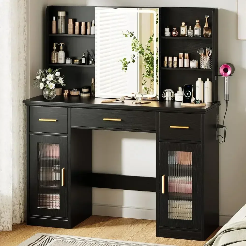 43.5 Large Makeup Vanity Desk with Sliding Mirror, 3 Adjustable Lights, 4 Drawers & 2 Cabinets, Power Outlets, Black