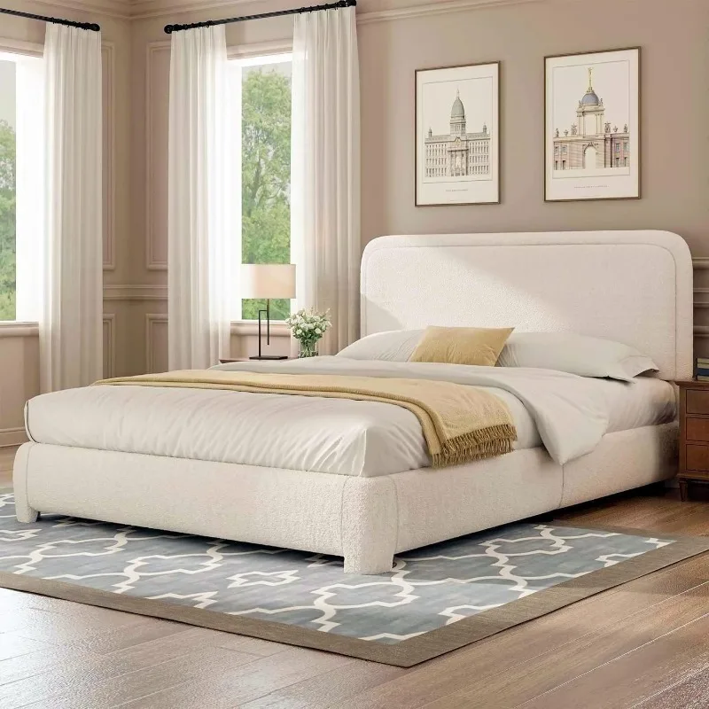 Queen Size Boucle Bed Frame with Headboard Upholstered Platform Bed with Wood Slats Soft Rounded Corners No Box Spring Required