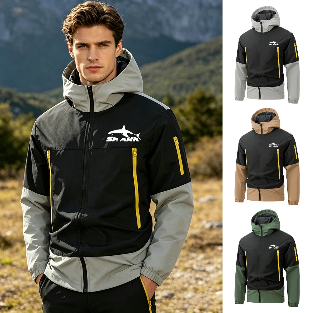 Men's Creative Shark Print Casual Windproof Stand Collar Jacket Warm Multi Pocket Zipper Hooded Jacket Autumn Outdoor Sportswear