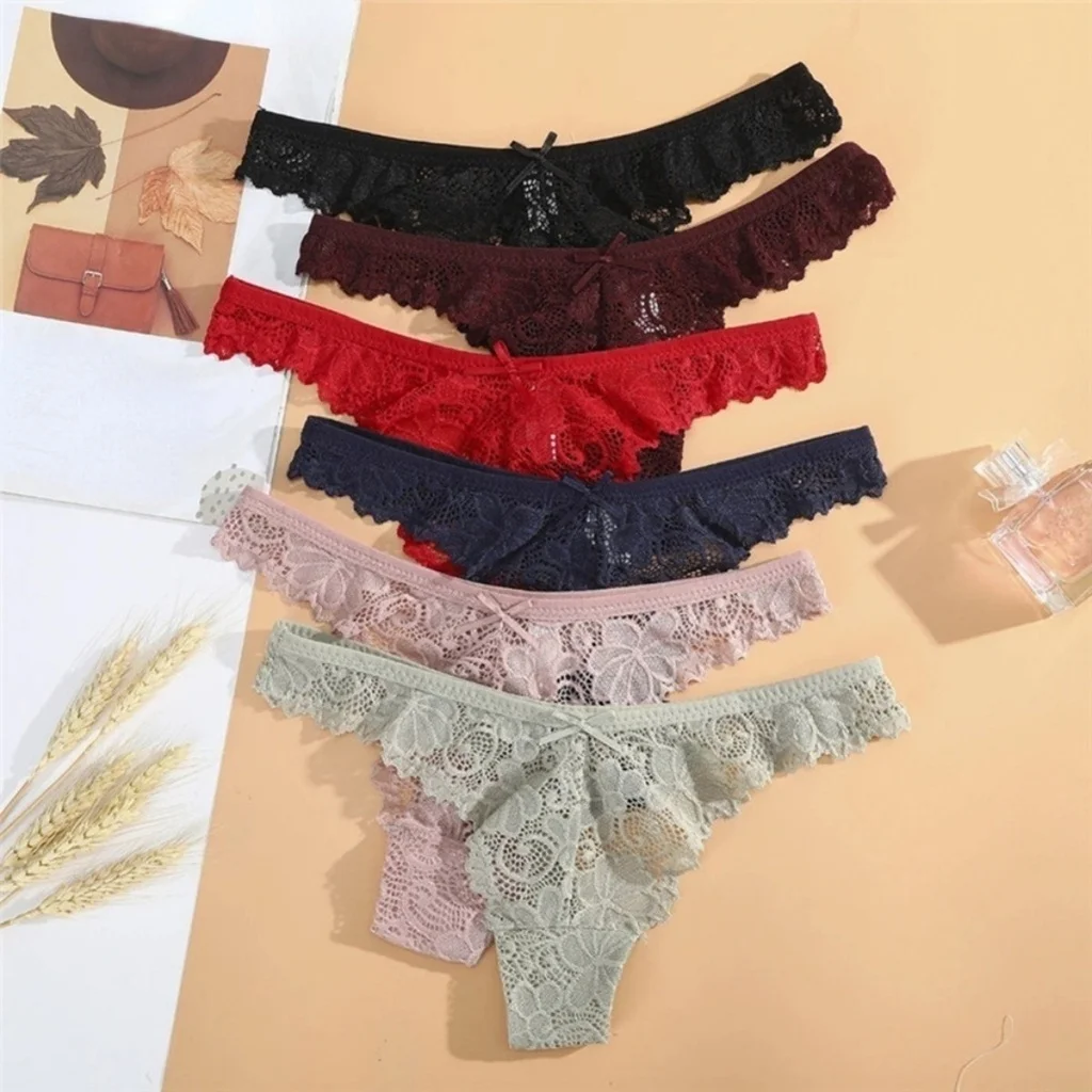 

7PCS Women Thongs Sexy Lace Panties Hollow Out G String Transparent Panties Seamless Soft Underwear Thong 7 Color