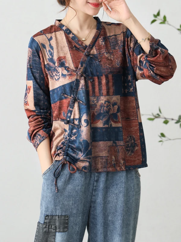 

Женская футболка больших размеров с длинным рукавом, V-образным вырезом и принтом в стиле ретро, прямого кроя, с цветочным узором, для повседневной носки