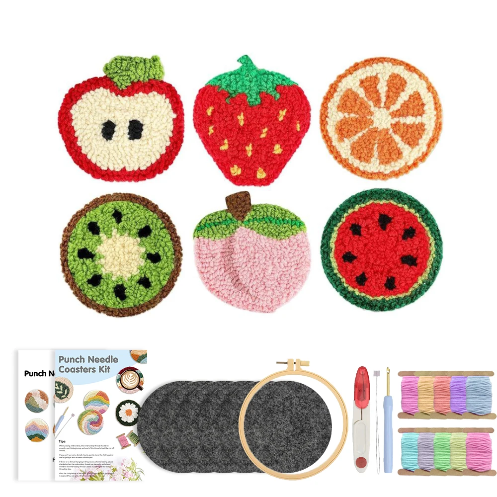 

CHENISTORY 6 Pcs Fruit Punch Needle Coaster Kit Punch Needle Embroidery Kit for Adults Semi-finished Tufted Coaster Packs
