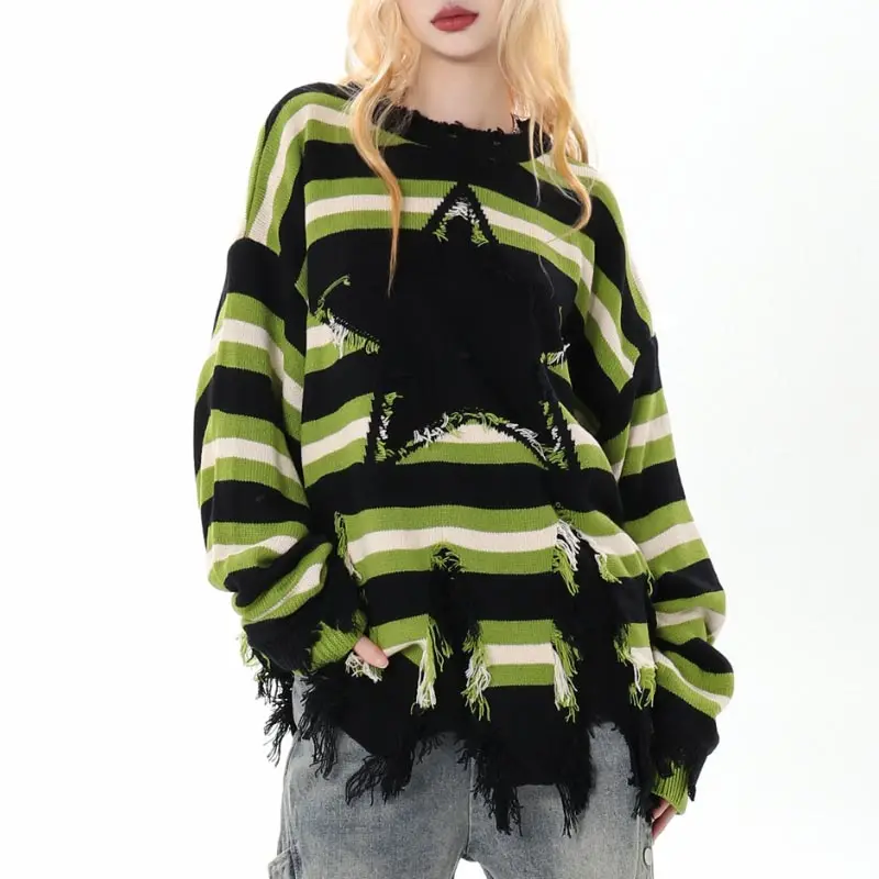 Oversized Striped Sweater for Women American Retro Raw Edge Knitted Pullover Trendy Street Style Clothing Autumn Winter