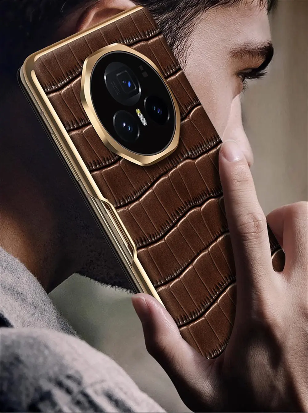 Genuine Cowhide Leather Crocodile Magnetic Flip Case for Honor Magic V3 Window View Cover