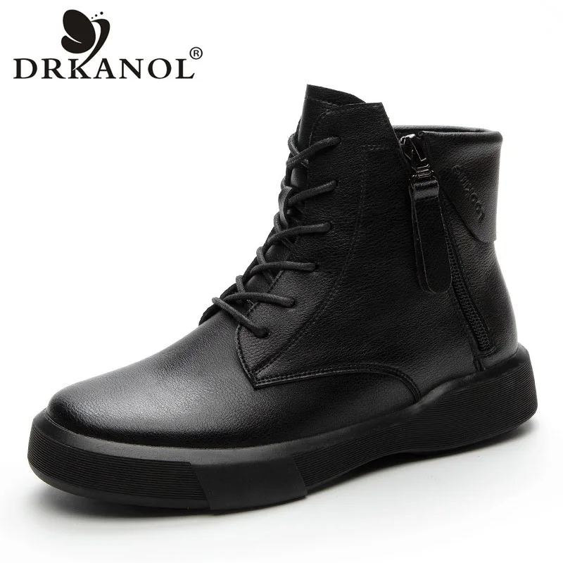 DRKANOL Big Size 41 42 43 Women Winter Warm Ankle Boots British Style Real Cowhide Lace-Up Zipper Retro Flat Casual Short Boots