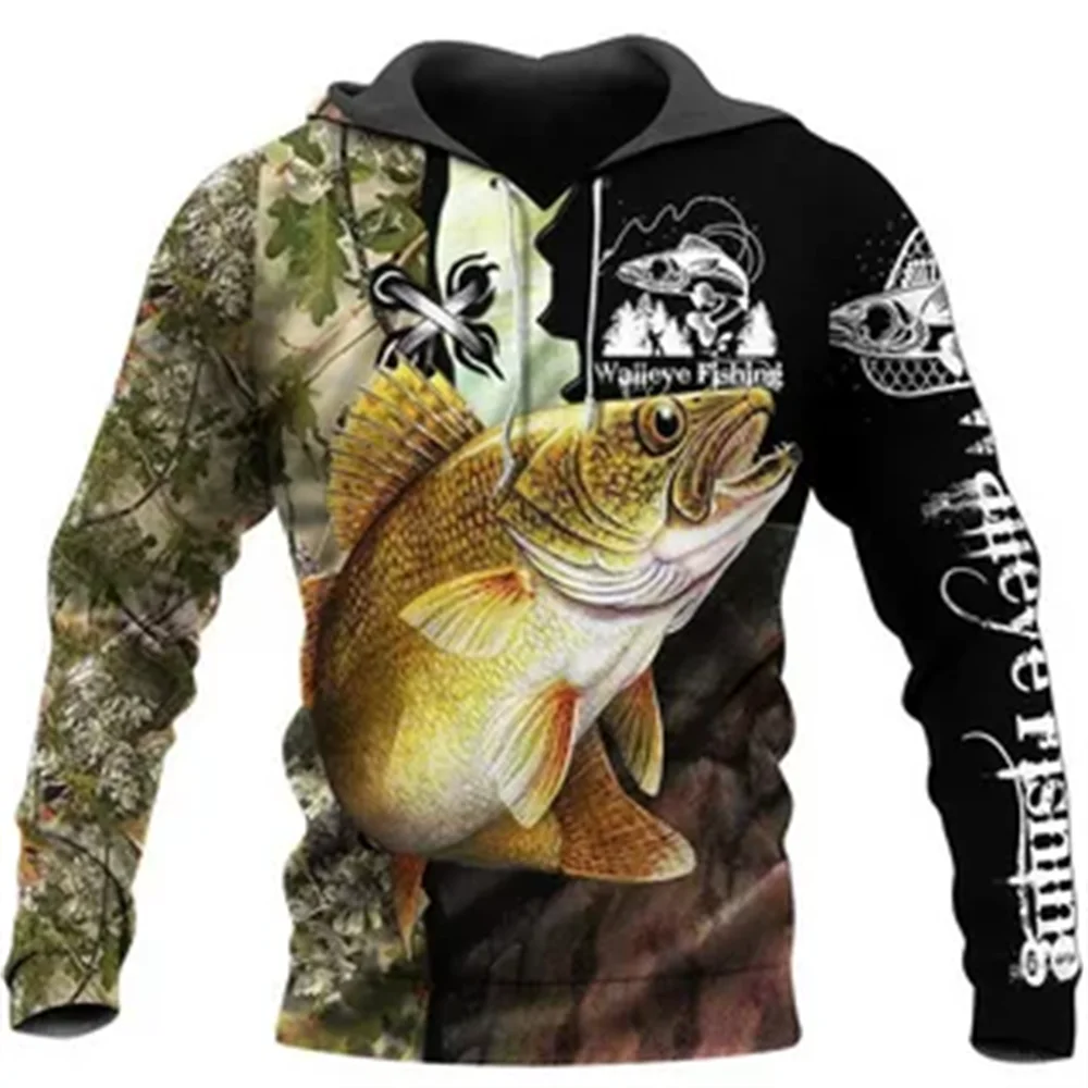 Men Zip Up Hoodie Carp Fishing Graphic Clothing Sweatshirt Casual Oversize Hoodies 3D Walleye Pike Fly Fish Printed Hooded Tops