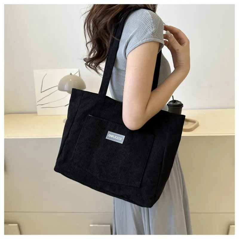 New Large Capacity Shoulder Bag For Women Trendy Corduroy Tote Bag Solid Color Ladies Handbag Student Casual Harajuku Bookbag