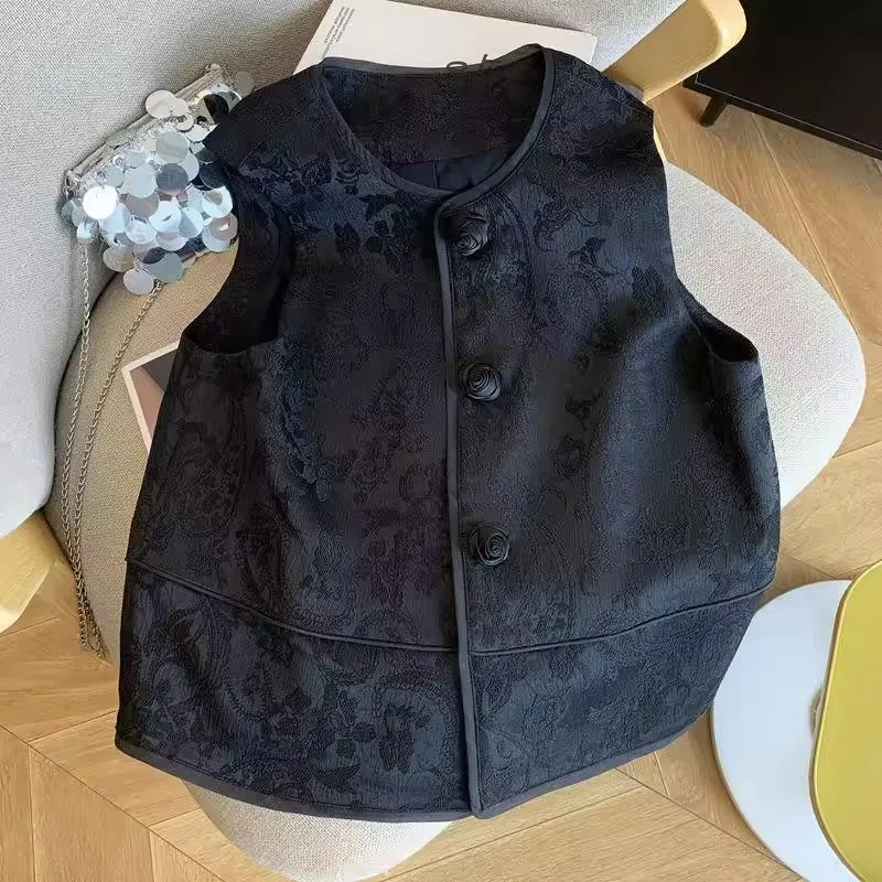 VintageจีนJacquardเสื้อแจ็คเก็ตผู้หญิง 2025 ฤดูใบไม้ผลิฤดูร้อนใหม่Roseปุ่มเสื้อกั๊กChicหญิงTop