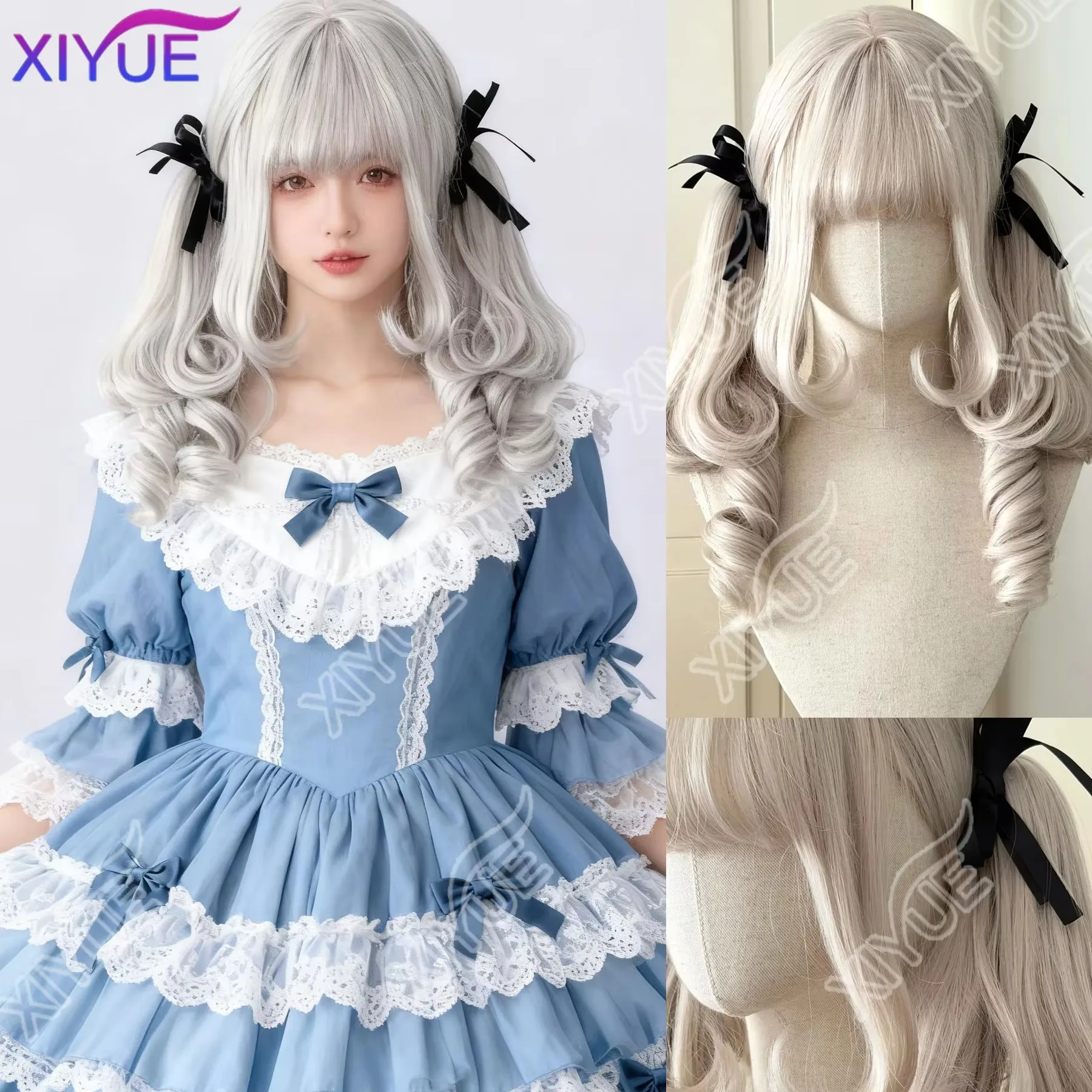 

XY eared rabbit Synthetic Princess Cut Double ponytail Lolita Wig with Bangs Girl White gray Cosplay Halloween Harajuku wig