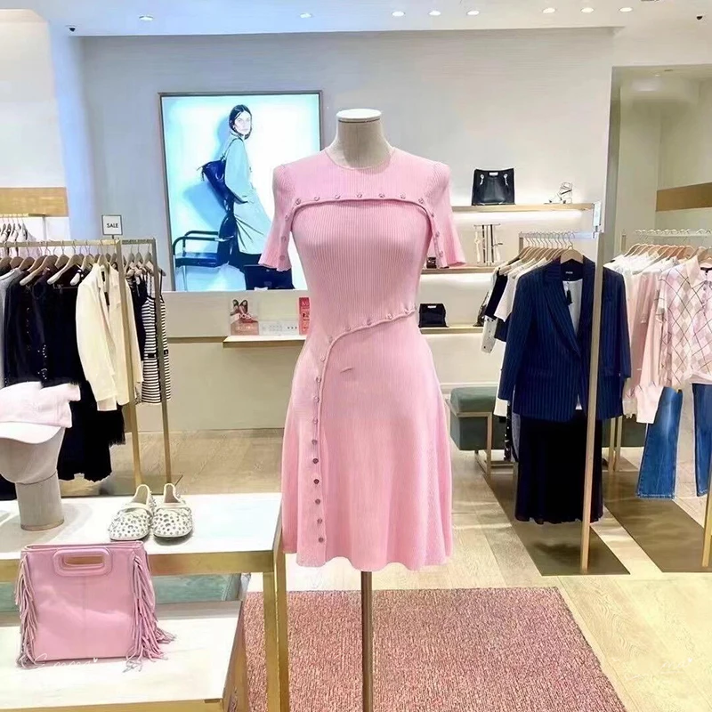 

M Home 2024 Autumn New Women's Faionable ort Knitted Dr Pink Slim Fit RO03898 Ele Sle Button Detail Waist Cinched