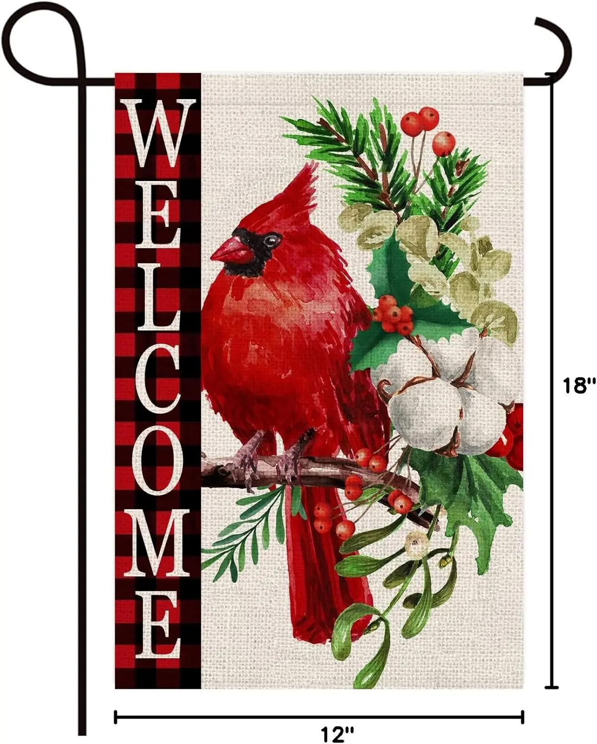 Texupday Welcome Winter Cardinal Branches Berry Buffalo Check Plaid Decor Christmas Double Sided Vertical Burlap Garden Flag yyi