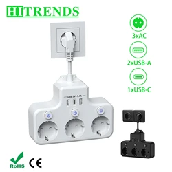 EU Plug Power Strip 3 AC Outlets Multi-function Socket Individual Switch Multiple Wall Plugs with 2 USB 1 Type-C Ports for Home