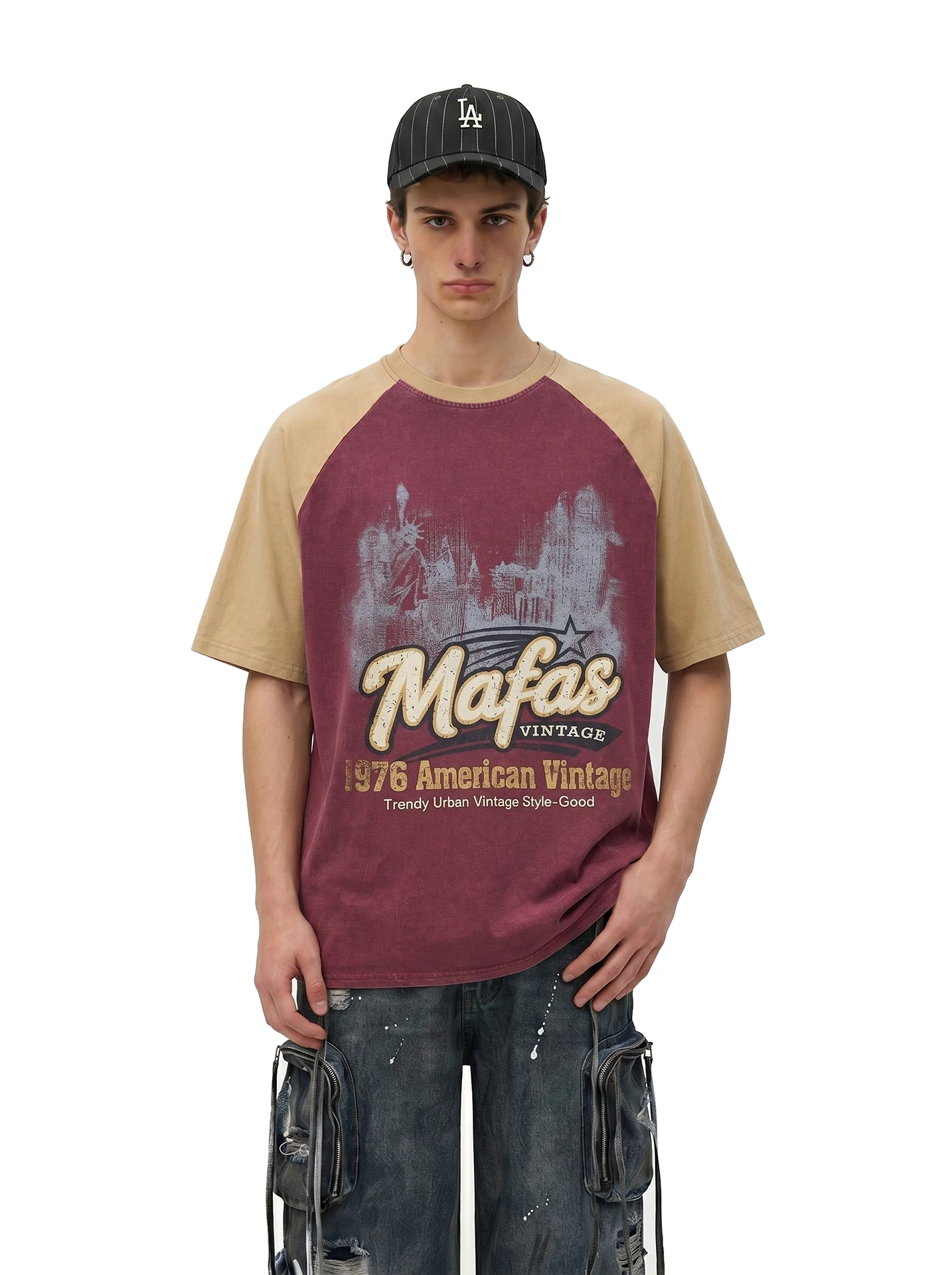 

BETEBULE American Retro Print Contrast Color Short Sleeve Men's T-shirt Summer Loose Half Sleeve Top Street Style Trendy Brand