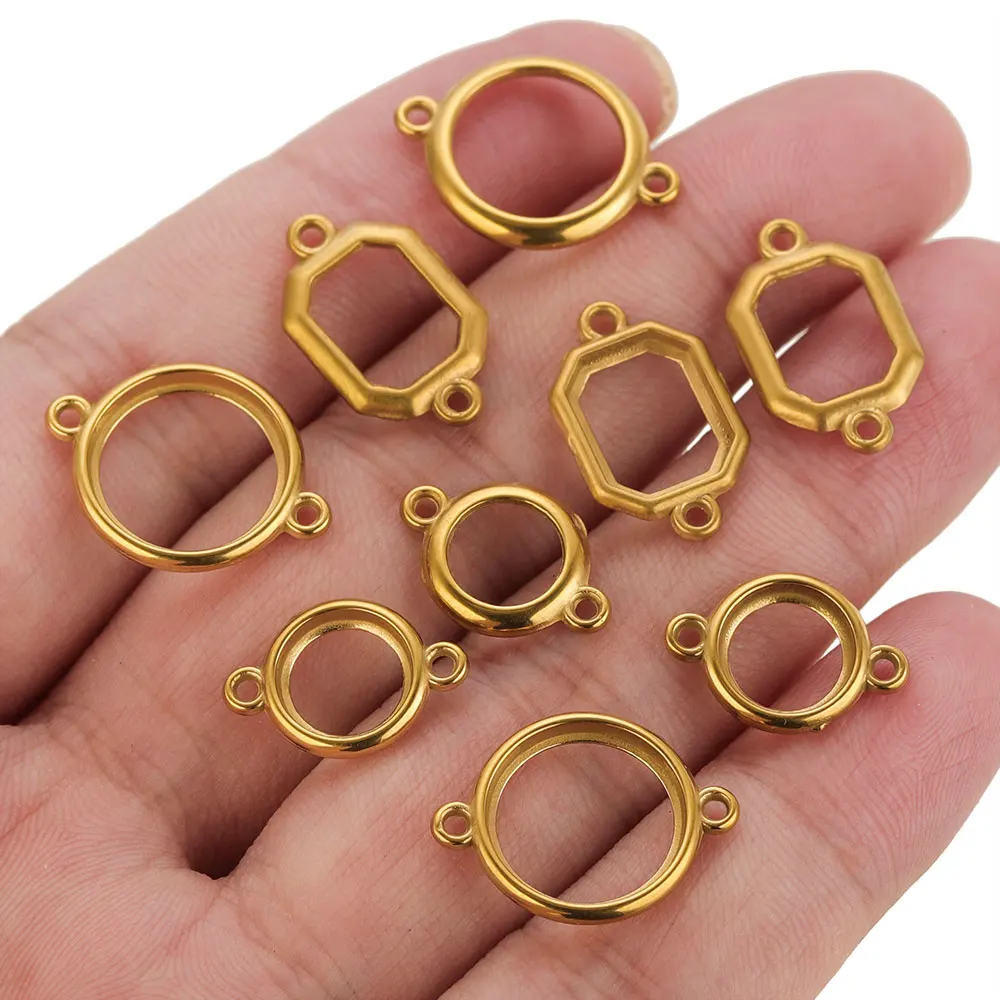 10Pcs Stainless Steel Hollow Double Hole Circle Charms Pendant DIY Bracelet Cabochon Tray Bezel Blank Settings Jewelry Making