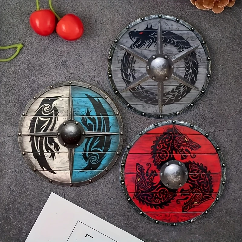 2D Flat, 6 Pcs Wooden Coasters Viking Warrior Shield Pattern Theme Desktop Heat Mats Home Decor Coffee Mug Coasters For Office - view 2