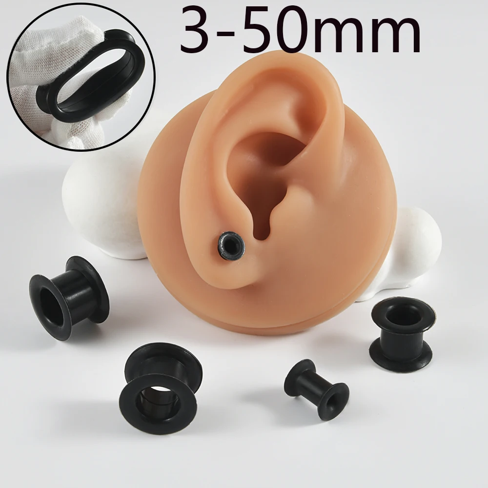 2Pcs Hollow Thick Silicone Flexible Double Flared Black Ear Tunnel Plugs Gauge Expander Stretchers Piercing Jewelry 3mm-50mm