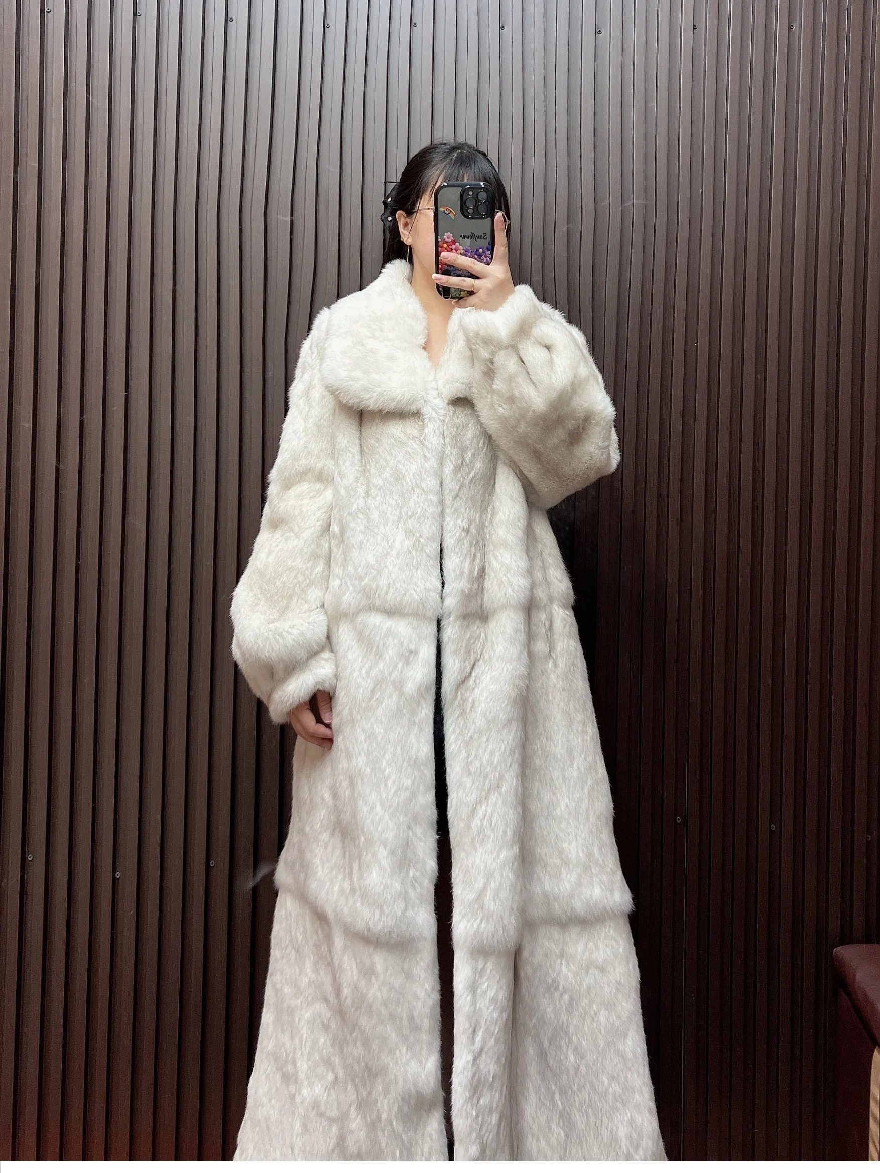 Furyoume جديد 100% معطف فرو الأرنب 120 سنتيمتر طول سميكة الدافئة الشتاء معاطف الفراء الحقيقي موضة الشارع الشهير الكورية Casaco Feminino