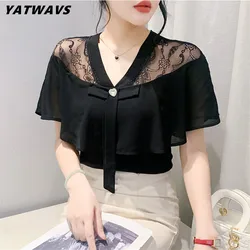 New Summer European Clothes T-shirts Sexy V-Neck Bow Shiny Diamonds Women's Tops Shirt Chic Ruffles Short Sleeve Slim Tees