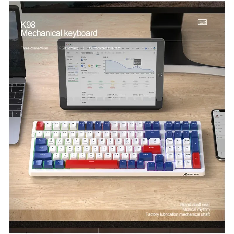 Imagem -03 - Teclado Mecânico com Letras Coreanas de Três Modos e Troca Quente para Jogos à Prova Dágua Três Dispositivos com Teclado Ligado K98rgb