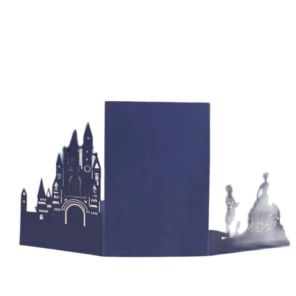 100pcs Dark Navy Blue Pocketfolds Laser Cut Castle Wedding Invitations Customizable Trifold Pocket Invitation Cards Gatefold